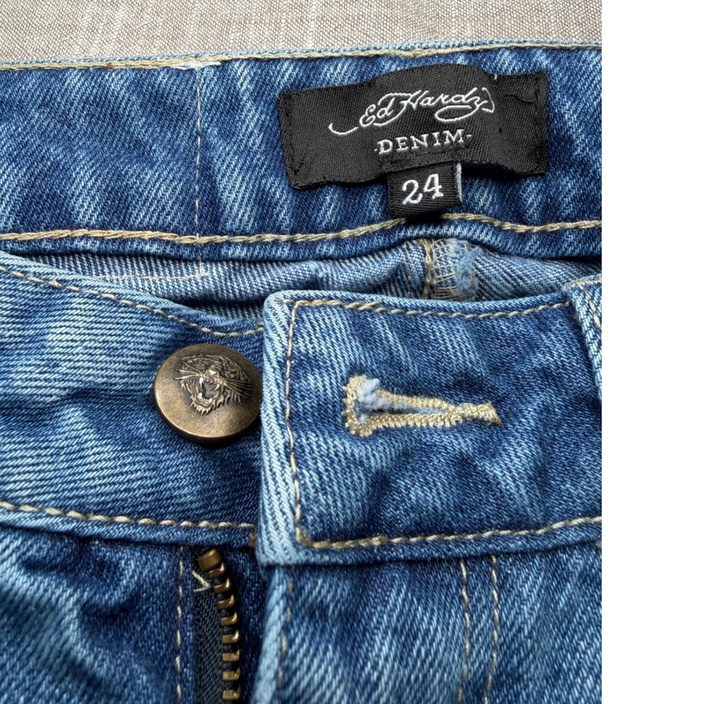 Ed Hardy Denim Women 24 Blue Flare Jeans Tattoo Graphic Tiger Dragon WEHDB100-3 - Picture 3 of 16